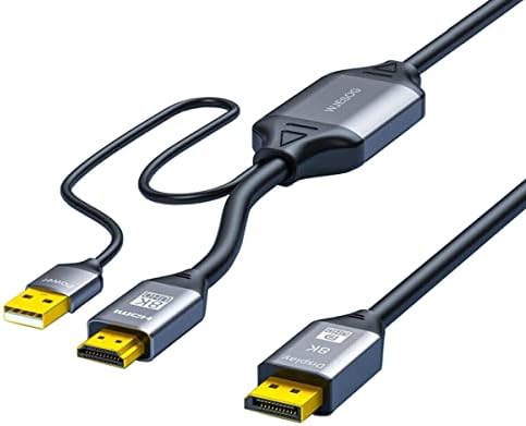 WJESOG HDMI До Displayport 8K Кабел 6ft СО USB Моќ, HDMI 2.1 Машки До Dp 1.4 Машки Конвертор Поддршка 8K@30hz/4K@120Hz/2K/144Hz За