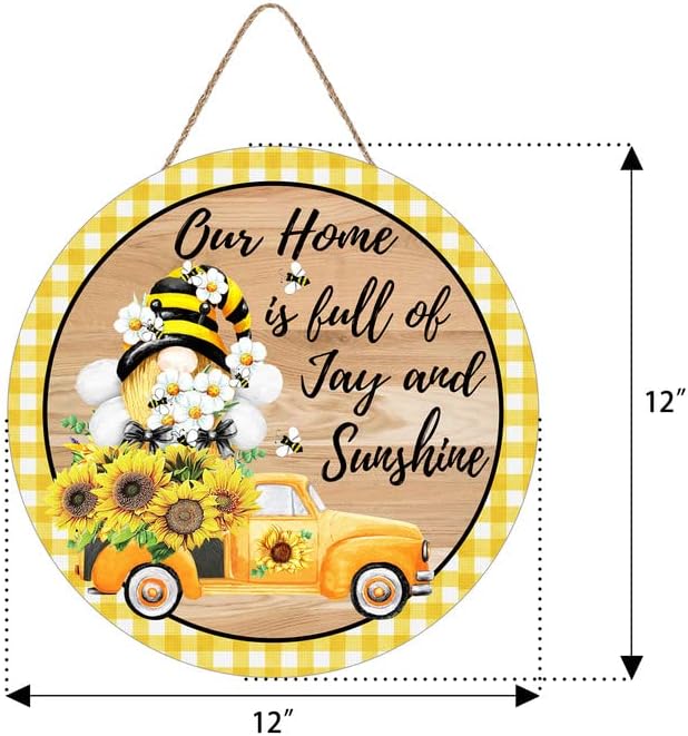 Нашиот дом е полн со радост и сонце околу дрвен знак рустикален wallиден декор wallиден плакета gnome сончогледен венец знак за фарма куќа