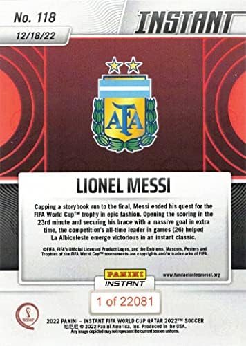 2022 Панини Инстант ФИФА Светски куп Катар #118 Фудбалска картичка Лионел Меси Аргентина - победи 2022 Светски куп