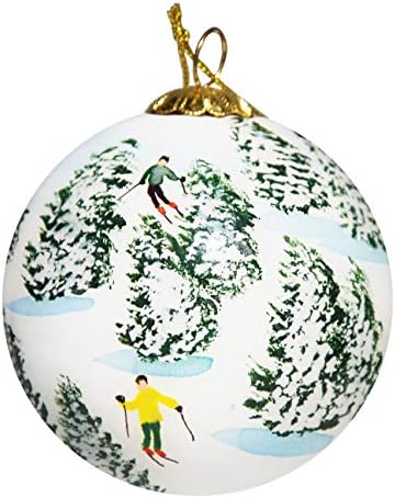 Рачно насликан стаклен божиќен украс - скијање на главите - Сонце долина, лична карта