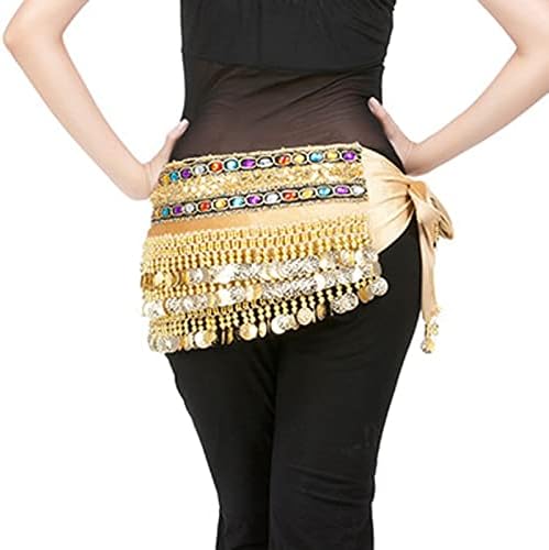 Womenенски стомак танц на колк шамија танцување здолниште што виси стомак танцување колк здолниште со шамија со златни монети