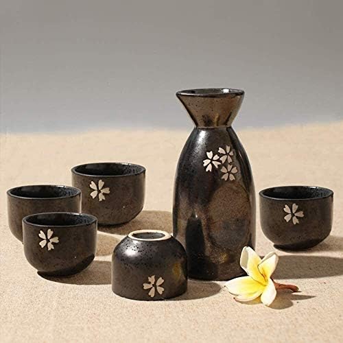 5 парчиња сет на јапонска чаша, традиционална рачно насликана црна дизајн керамички чаши, необична текстура, за ладно/топло/shochu/чај