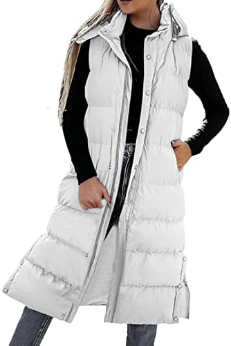 Зимски качулка елек Зимско палто без ракави, долго загреано палто со џебови со ватирана јакна од отворено