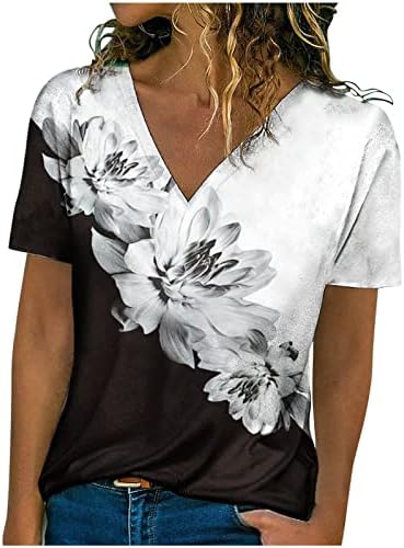 Маици за жени со кратки ракави со кратки ракави на вратот летни врвови гроздобер етнички маички лабави вклопуваат цветна блуза за тинејџери