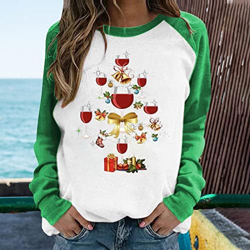 Божиќна маичка женска смешна винска чаша за вино со долг ракав Раглан пулвер врвови, обичен тркалезен врат лабава Божиќ