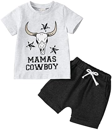 Puseky бебе момче западно летно облека Симпатична крава кратка маица маица Топ + шорцеви Поставете 2 парчиња дете за западни каубојски облеки