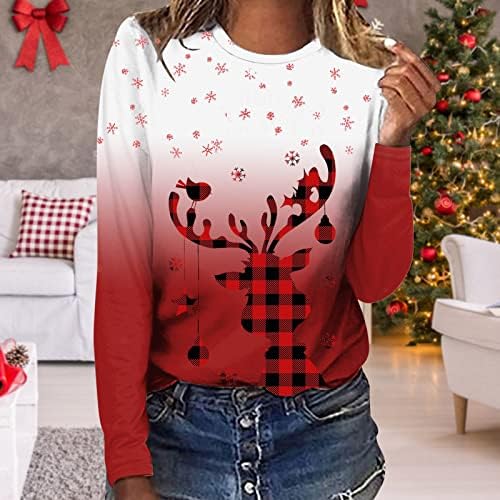 Обични божиќни џемпери за жени тркалезни кошули со долги ракави со долги ракави пулвер симпатична еленска снегулка графички врвови на туники