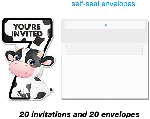 20 Покани за Забава за крави 7-ми Роденден Со Пликови Двострана Фарма Животинска Крава Во Облик На Крава Покани за 7-Годишна Возраст