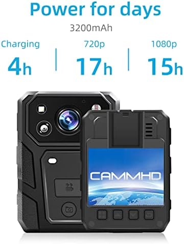 Cammhd 1296p HD камера со каросерија со аудио и видео снимање 15 часа, 32 GB водоотпорна ноќна визија патролна камера за тело за спроведување