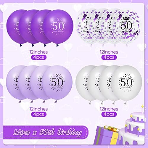 50-Ти Пурпурен Роденден Балони Украси, 16 ПАРЧИЊА Виолетова Бела Конфети Латекс Балони За Жени Мажи Среќен Роденден Свадба Годишнина Затворен