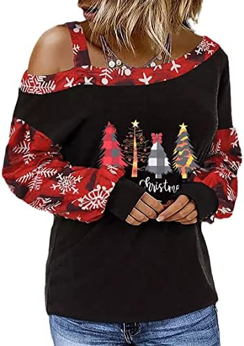 Astanfy Merry Christmas Sweatshirt за жени испуштаат рамо со долги ракави новогодишни елки, лесна кошула