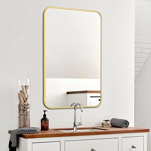 Златно Огледало За Бања 24 Х 36 Инчи, Ѕидно Огледало За Бања Со Метална Рамка за Бања Дневна Соба Влезна Спална Соба Ѕид Декор