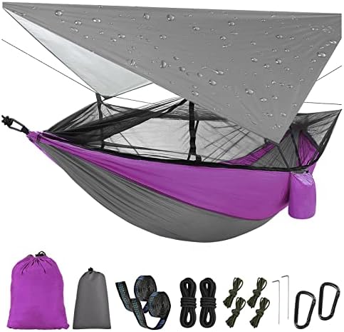 Преносен двоен камп за кампување, 2 лица најлонски падобран хамак со шатор на отворено хамаки со мот-квито со водоотпорна работа на Rainfly