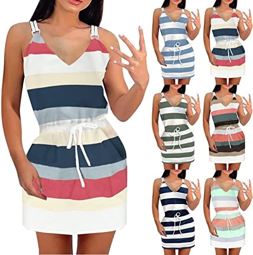 Hosенски женски обичен блок во боја, мини фустан, лето V вратот без ракави, ленти со шпагети, спојувајќи прашка мини фустани со појас