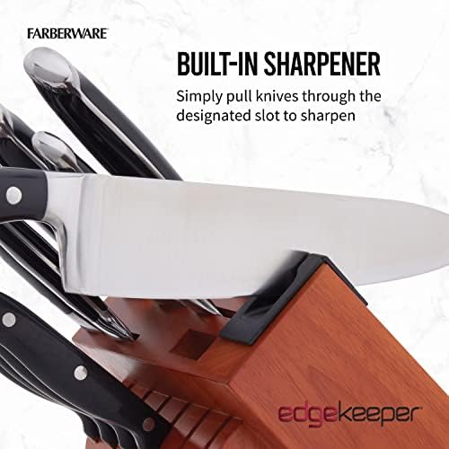 Farberware Edgepeeper Professional 15-парчиња фалсификувани тројно занишани ножеви блок сет со вграден работ, црно