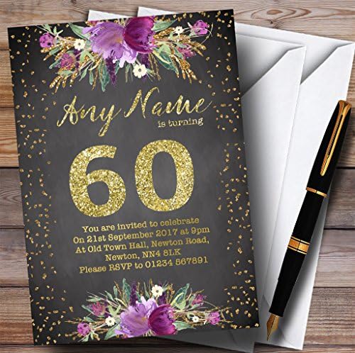 Креда Акварел Виолетова Злато 60-Ти Персонализирани Покани За Роденденска Забава
