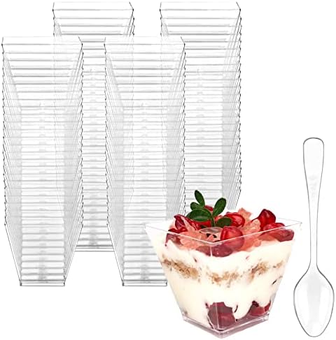 Hiasobre 100 пакувања 2 мл мини десерт чаши со лажици, квадратни чисти пластични чаши за мезе, еднократно чаши за парфит, мали чинии за