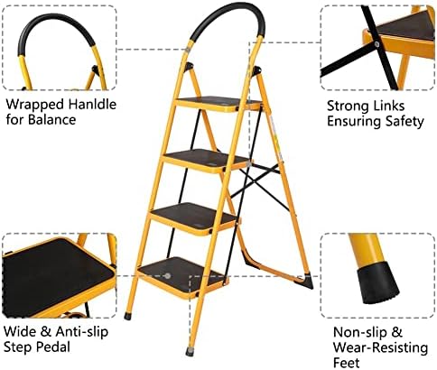 Чекор скали за преклопување на столче, 3/4 чекор скалила железна рамка за преклопување на столче, жолт оптоварен капацитет за дома, библиотека,