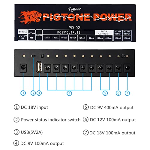 Напојување на педали за ефект на гитара Pigtone 10 Изолирани DC излези погодни за 9V/12V/18V 100MA 400MA краток спој и заштита од прекумерна