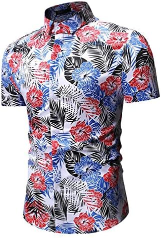 2023 година Нова машка кошула кратка ракав случајно копче надолу по цветни печатени кошули со плажа со кратки ракави за кратки ракави врвови