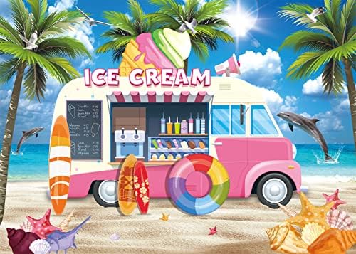 Лето Розова Сладолед Камион Продавница Позадина Хавајски Тематските Плажа Палма Лист Позадина Алоха Девојки Деца Роденден Бебе