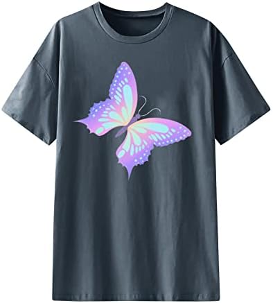 Кошули за жени, женски екипаж со кратки ракави со кратки ракави блуза лабава вклопени обични врвови од пеперутка графички симпатични блузи