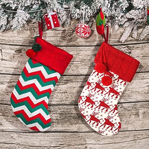 Woirio 16inch Божиќни чорапи 2 пакувања, шарени плетени божиќни чорапи со меки топки, погодни за Божиќна камин декорација