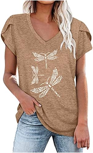 Женски 2023 маици со ливчиња за ливчиња против вратот летни основни врвови на графички кошули за печатење на змеј
