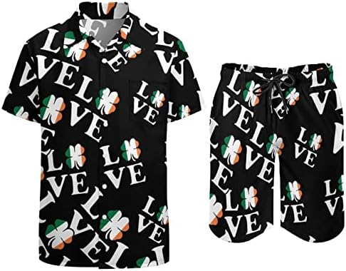 Loveубов ирска листови детелина машки хавајски кошули со кратки ракави со кратки ракави и панталони летни облеки на плажа лабава