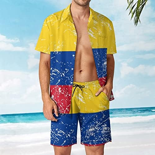 Колумбија ретро знаме мажи 2 парчиња хавајски постави копче-долу кошули со кратки ракави, панталони за плажа лабави вклопени манкети