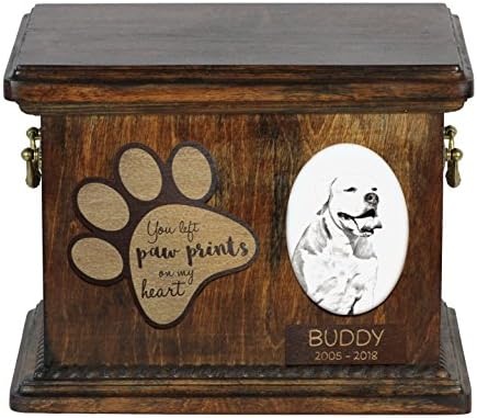 Уметност Куче Оод. Американски булдог, урна за кучешка пепел со керамичка плоча и опис
