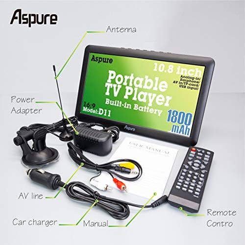 Aspure 10,8 инчи Преносен дигитален ATSC TFT HD екран Freeview LED телевизор за автомобил, караван, кампување, отворено или кујна.