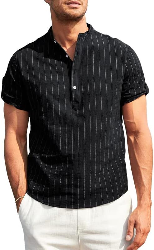 Jmierr летни летни лековити стилски кошули со памучни постелнини со кратки ракави кошули со лесни шарени хенли кошули