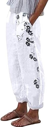Мекнеог геометриски женски фустан Капс лесен постелнина за жени широки нозе капри панталони 2023 година со висока половината