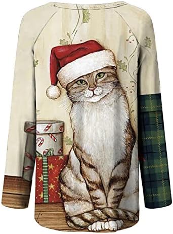 Божиќни врвови Туника блуза за жени Симпатична мачка печатена со долги ракави екипаж вратот лабава маица долга Божиќна пуловер маички