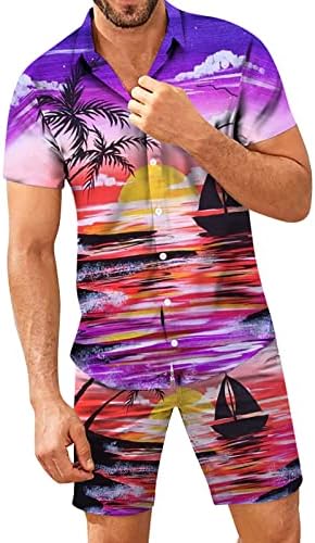 2 парчиња за текови за облека за мажи плус големина гроздобер хавајски кошула и кратки комплети цветни тренинзи на Хаваи спортски