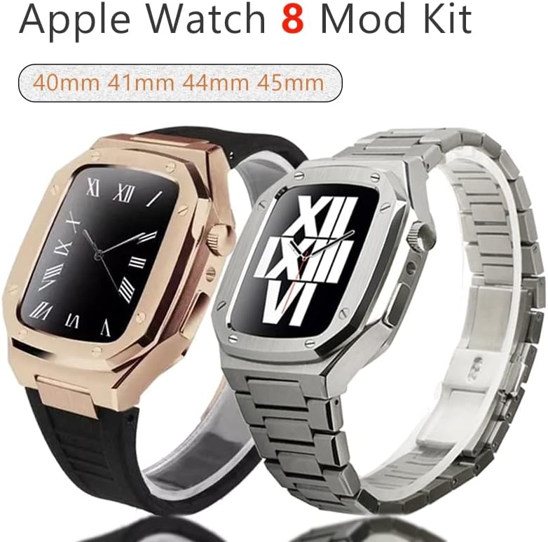 Dyizu луксузен метал кутија+лента за Apple Watch Band Series 8 7 45mm 41mm не'рѓосувачки челик лента гумена нараквица за iWatch 6 5 4 40 44mm