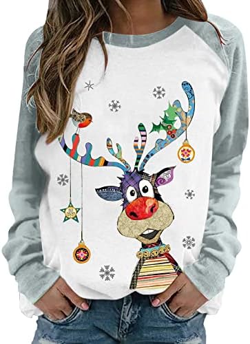Блок во боја Грд Божиќен џемпер за жени Смешно облекување ирваси Графички џемпери на екипаж со долги кошули со долги ракави
