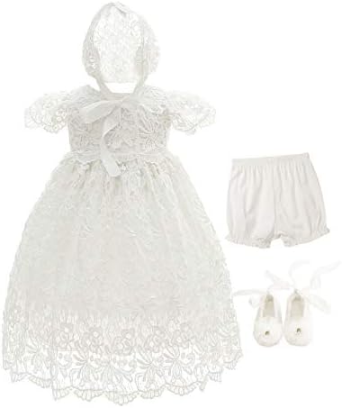 Лак сон бебе девојчиња 4 парчиња наметка и хауб крштевање фустан чипка чипка бебе фустан