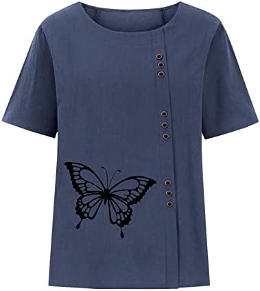 Женски летни постелнини Туника врвови, обични кошули со кратки ракави, блуза, пеперутка, памучна постелнина, маички за гроздобер маички