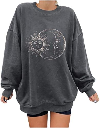 Kuaileya Crewneck Sweathirt for Women Ports Sun and Moon Casual Graphic Long Rallet Printed Tee плус кошули со големина пулвер џемпер за