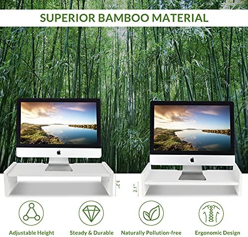 Kinlink Bamboo Monitor Monitor Stand Riser, Monitor Riser со 2 прилагодлива висина, 15,8 инчен компјутерски кревач за компјутер, iMac, компјутер,