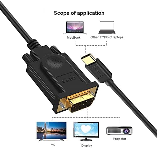 USB C до VGA кабел адаптер црна 6 нозе/1,8m, QGEEM Type C до VGA кабел компатибилен со MacBook Pro, Dell XPS 13/15, Surface Book 2, HP Specter