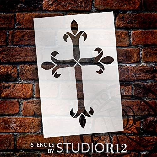 Fleur de Lis Cross Cross stencil by Studior12 | Христијански wallидни идеи за сликање | Занаетчиски DIY вера дома украс | Боја