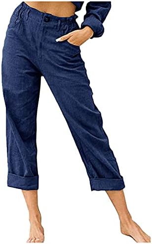 Yubnlvae панталони за жени памук и постелнина со висока еластична влечење со џебови цврсто широки нозе лабави панталони