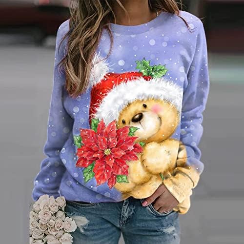 Женски Божиќни врвови слатки снежни мечки печати цветни маици со долги ракави пулвер, обичен екипаж, џемпер, лабава удобна врвови
