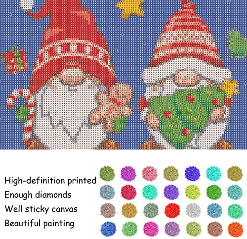 Wonmon Божиќно дијамантско сликарство за возрасни, DIY Round Drign Dright Christmas Gnome Diamond Painting Art Kits за деца, боја по броеви