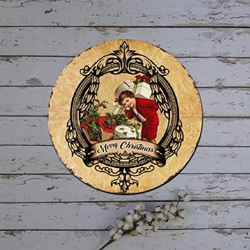 Снежен човек Божиќен венец знак Викторијански стил Тркалезен метален калај знак на отворено Божиќ висечки украси Рустикален метален венец