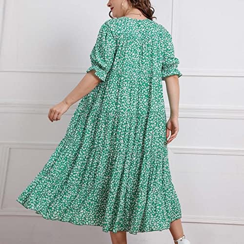 Dopocq женски лето плус големина обичен фустан Краток ракав против вратот цветниот печатен фустани за А-линија за плажа и одмор