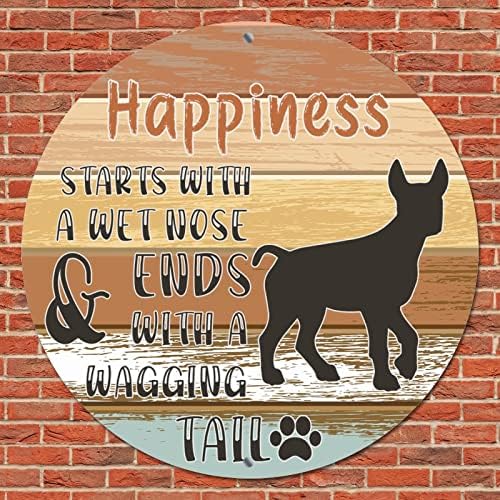 Смешна тркалезна кучиња метална знак Плакета Среќата започнува со влажен нос измешан венец знак за миленичиња кучиња врата за закачалка за закачалки,